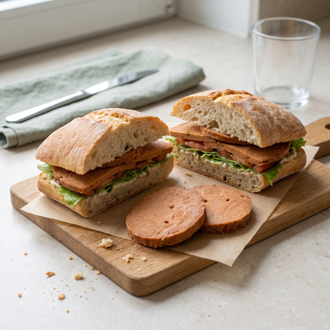 Belegte Brötchen mit Herbasch No. 5 Die Würzige, Salat und Tomate auf einem Holzbrett.